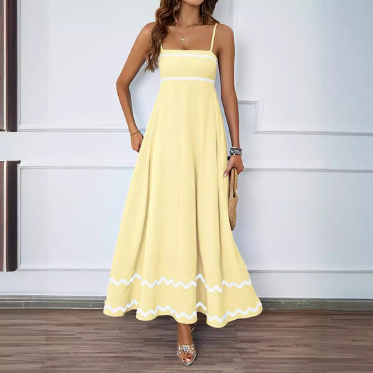 Damen Lange Maxi-Kleid mit Spaghetti-Trägern und dekorativem Saum R&B