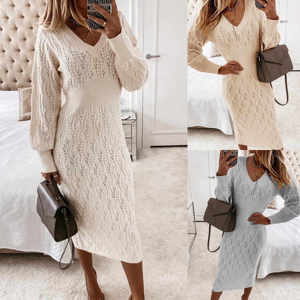 Damen Strickkleid mit halbtransparentem Muster und schickem V-Ausschnitt R&B