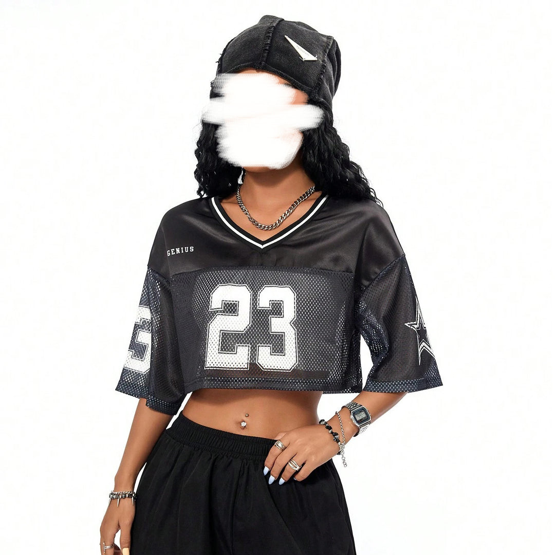 Damen sportliches Crop-Top aus atmungsaktivem Mesh-Material mit Nummer CD-R&B