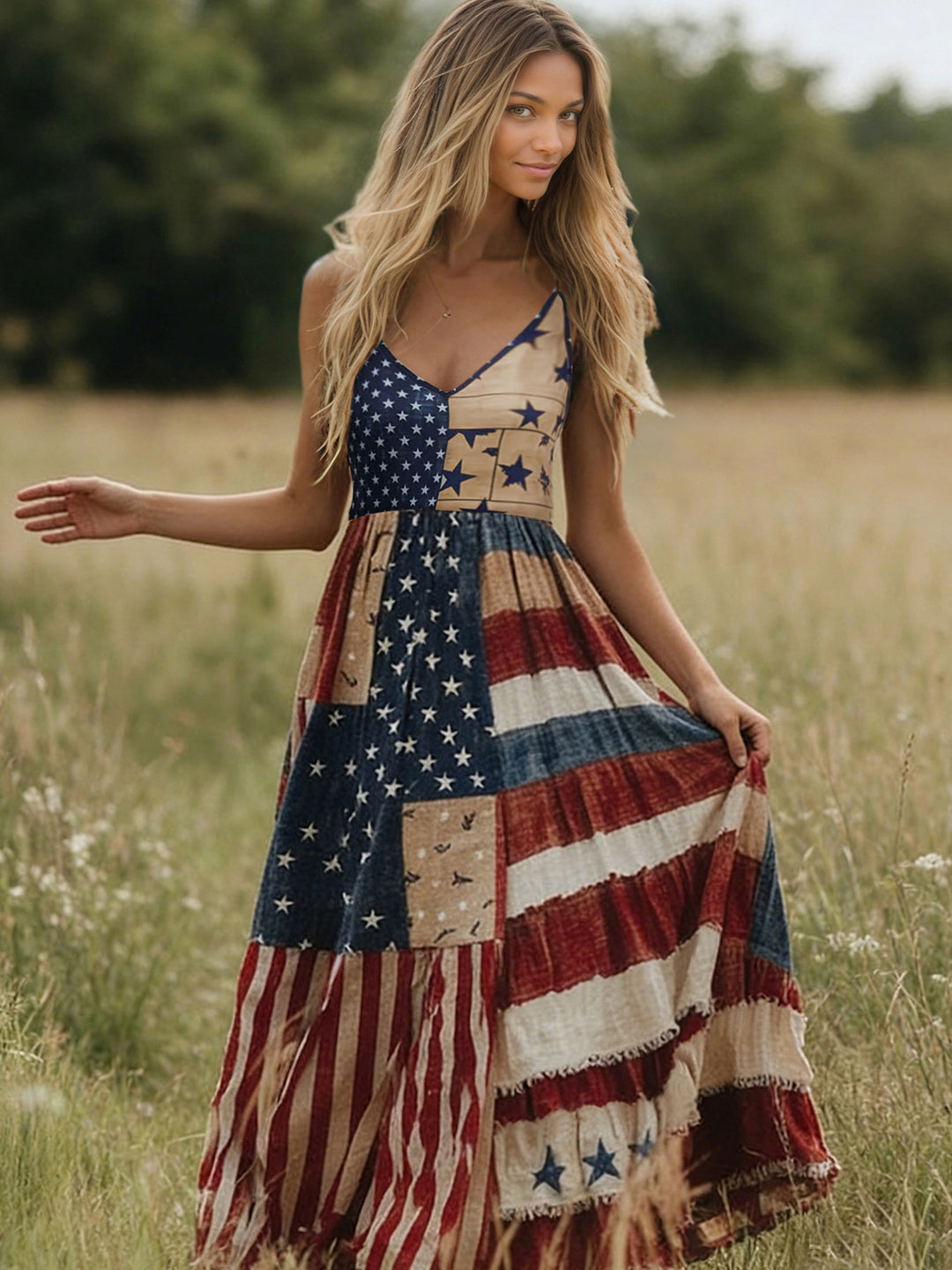 Damen Lange Sommerkleid mit buntem Patchwork-Design und V-Ausschnitt R&B