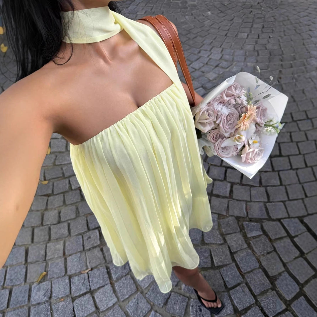 Damen kurzes Sommerkleid mit elegantem Bindegürtel und fließendem Design R&B
