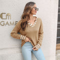 Damen Lässiger Pullover mit V-Ausschnitt und gestreiften Ärmelabschlüssen R&B