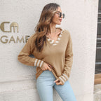 Damen Lässiger Pullover mit V-Ausschnitt und gestreiften Ärmelabschlüssen R&B