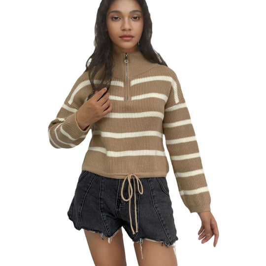 Damen Strickpullover mit halbem Reißverschluss und lässiger Übergangsstruktur R&B