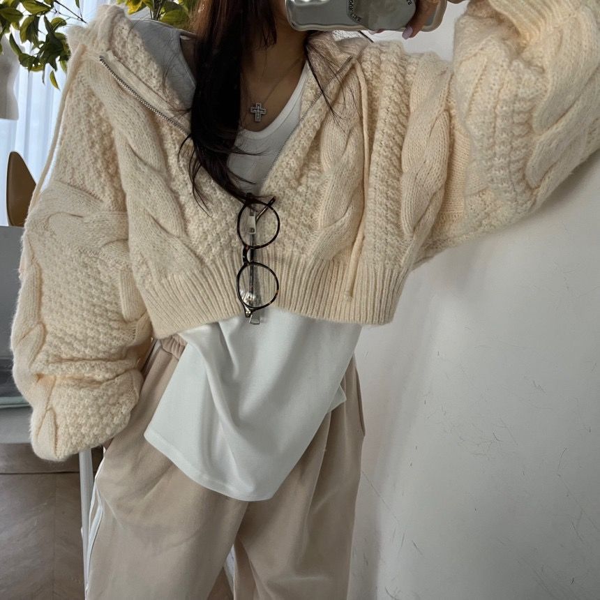 Damen Kurzer Strickpullover mit Zopfmuster und Kapuze R&B