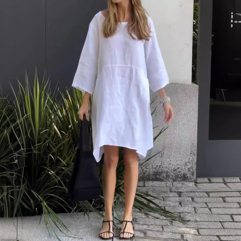 R&B | Lässiges einfarbiges Kleid aus Baumwolle mit Taschen