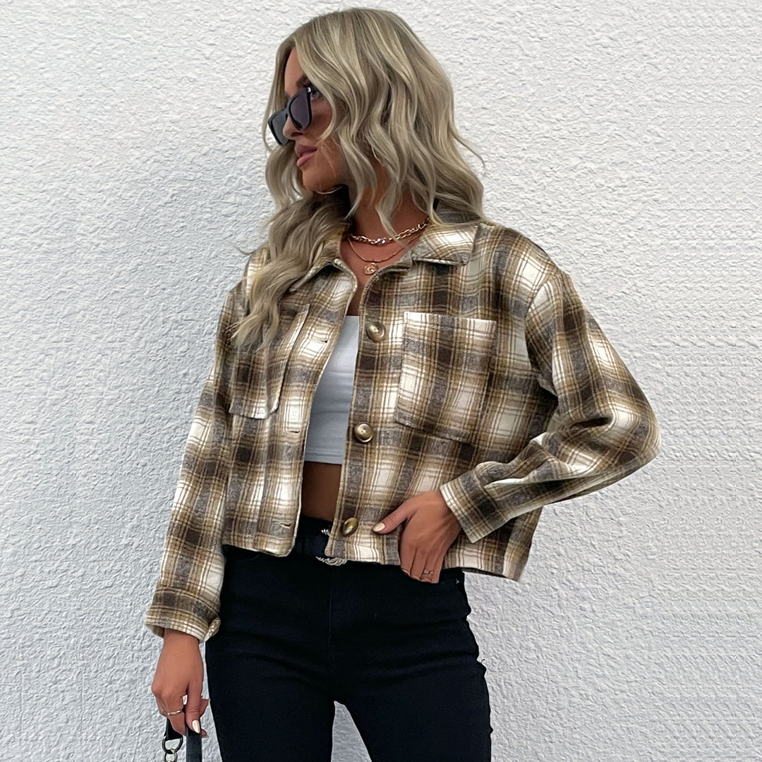 Damen karierte Kurzjacke im lässigen Schnitt mit praktischen Taschen R&B