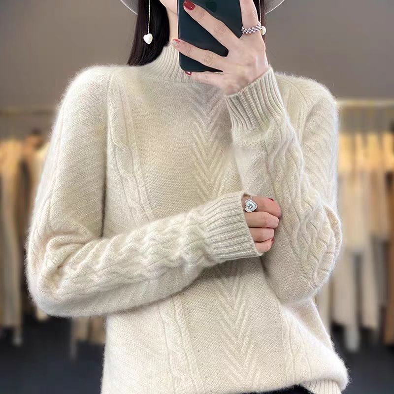 Damen Grobstrickpullover mit Zopfmuster und elegantem Rundhalsausschnitt R&B