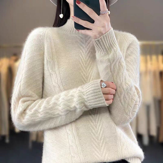 Damen Grobstrickpullover mit Zopfmuster und elegantem Rundhalsausschnitt R&B
