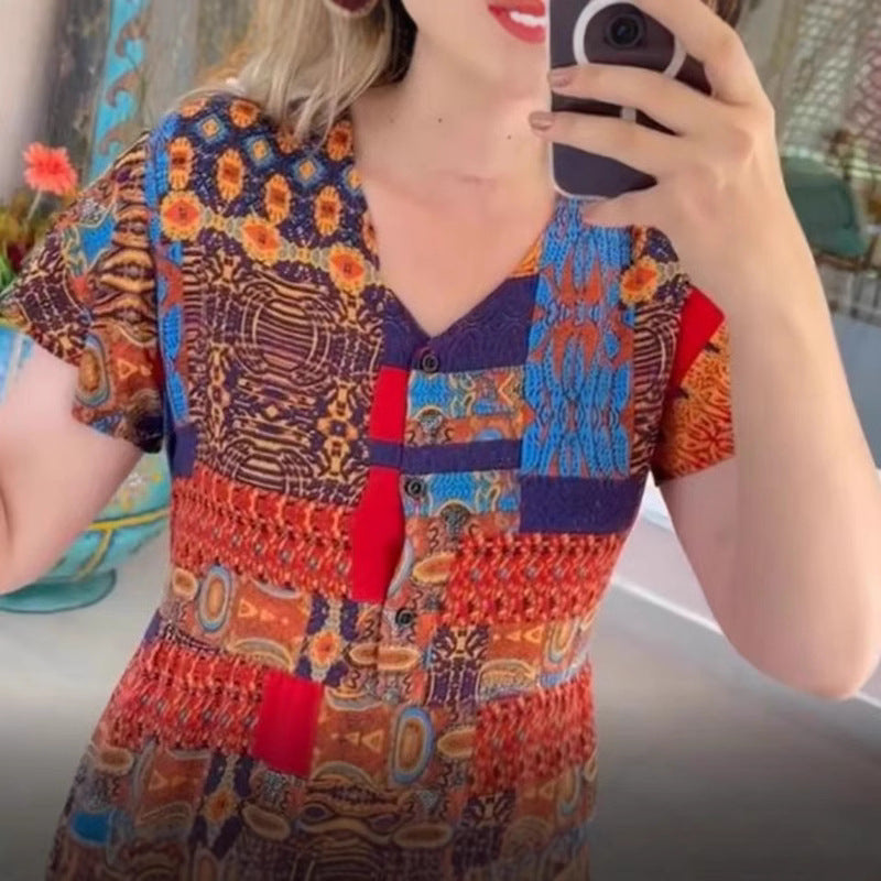 Damen nan gestuftes Midikleid mit V-Ausschnitt, kurzen Ärmeln und Patchwork-Optik R&B