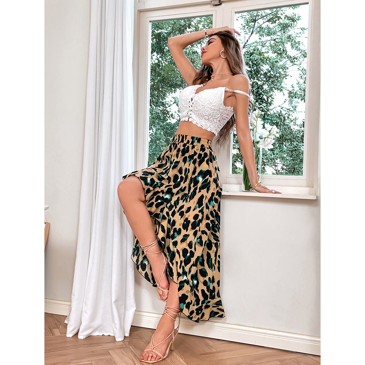 Damen Asymmetrischer Maxi-Rock mit aufregendem Leopardenmuster und Rüschendetails R&B