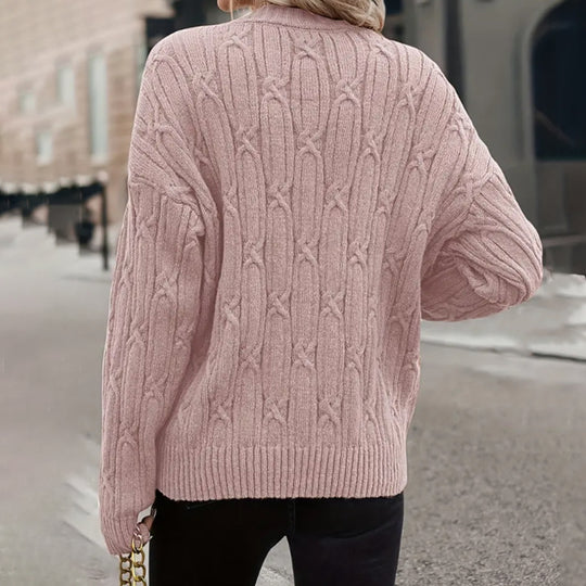 Damen Strickpullover mit V-Ausschnitt und Zopfmuster R&B