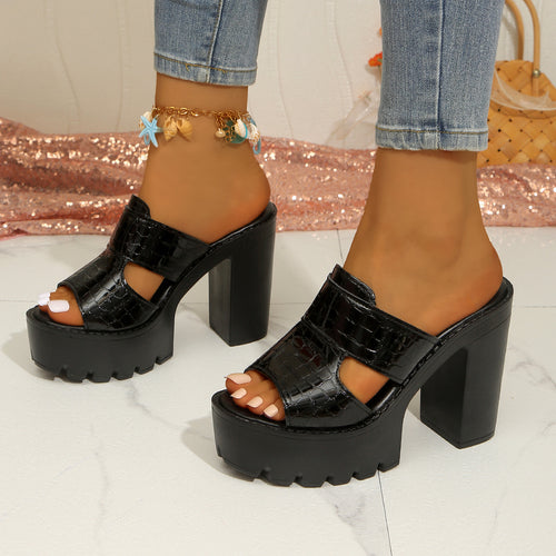 Damen Wedge-Pantoletten mit modischem Krokodil-Leder-Look und bequemem Blockabsatz R&B
