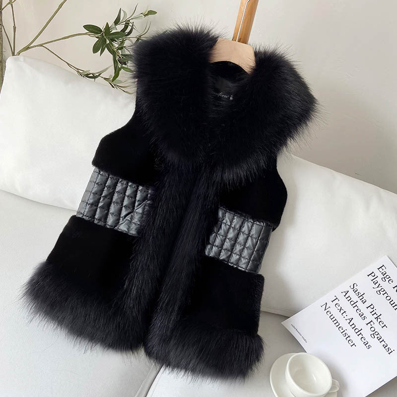 Damen Elegante Kunstpelz-Weste mit Stehkragen und glänzendem Gürtel