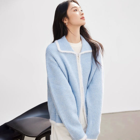Damen Flauschiger Strickcardigan mit praktischen Taschen und hohem Kragen R&B