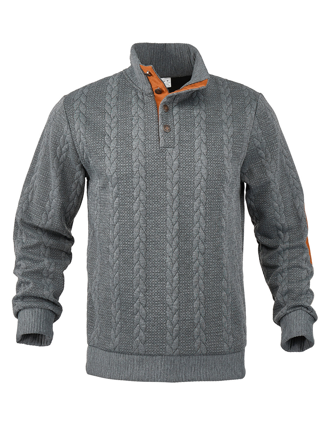 Herren nan Zopfmuster-Halbknopf-Pullover mit hohem Stehkragen und Wildleder-Ellbogenpatches R&B
