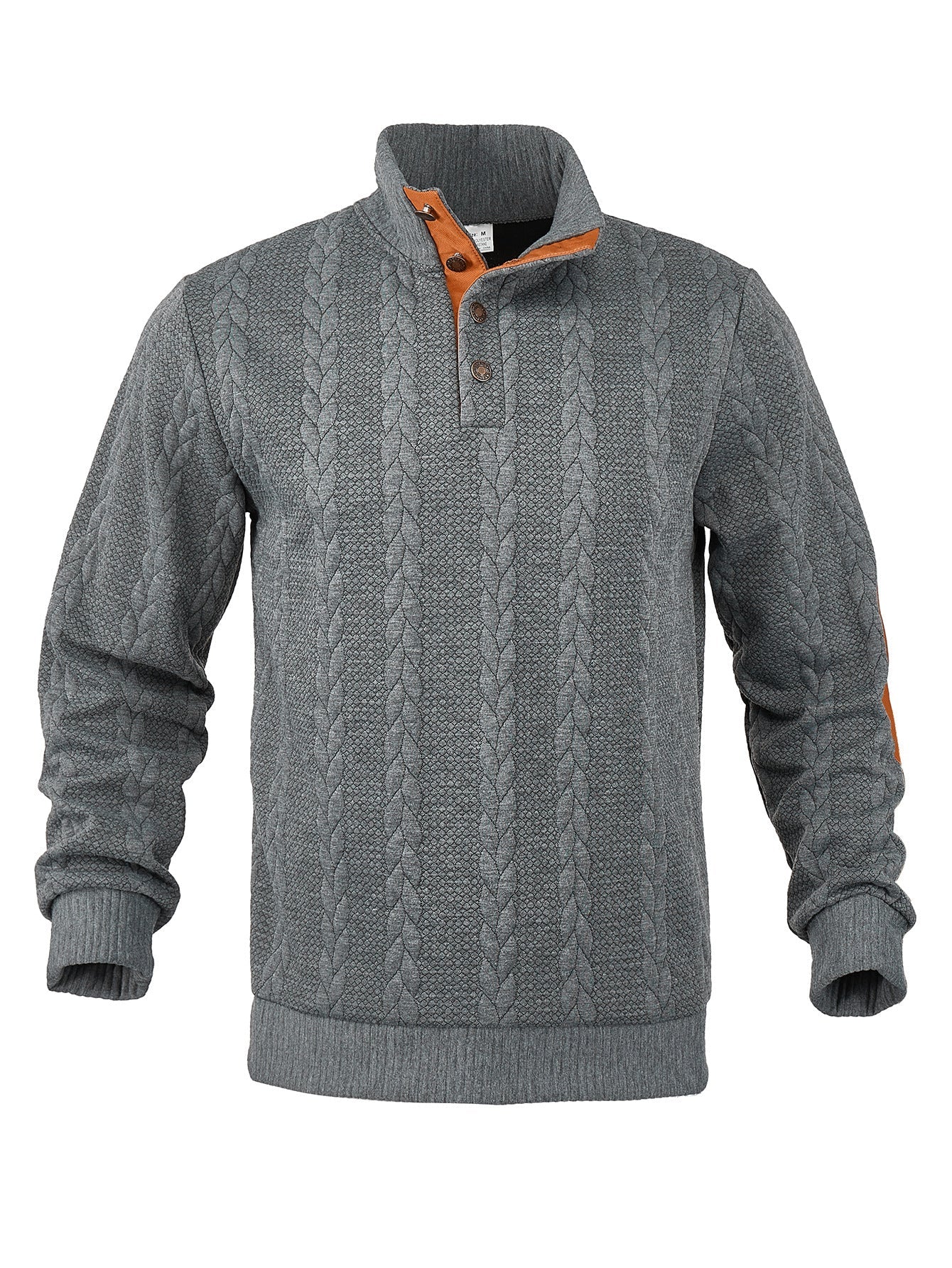 Herren nan Zopfmuster-Halbknopf-Pullover mit hohem Stehkragen und Wildleder-Ellbogenpatches R&B