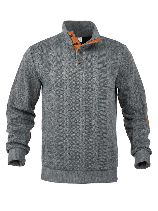 Herren nan Zopfmuster-Halbknopf-Pullover mit hohem Stehkragen und Wildleder-Ellbogenpatches R&B