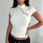Damen elegantes Kurzarm-Top mit hochgeschlossenem Kragen und feinen Spitzeinsätzen R&B