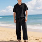 Herren nan luftiges Leinen-Ensemble mit Polokragen und regulierbarer Bundhose R&B