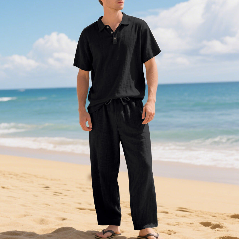Herren nan luftiges Leinen-Ensemble mit Polokragen und regulierbarer Bundhose R&B