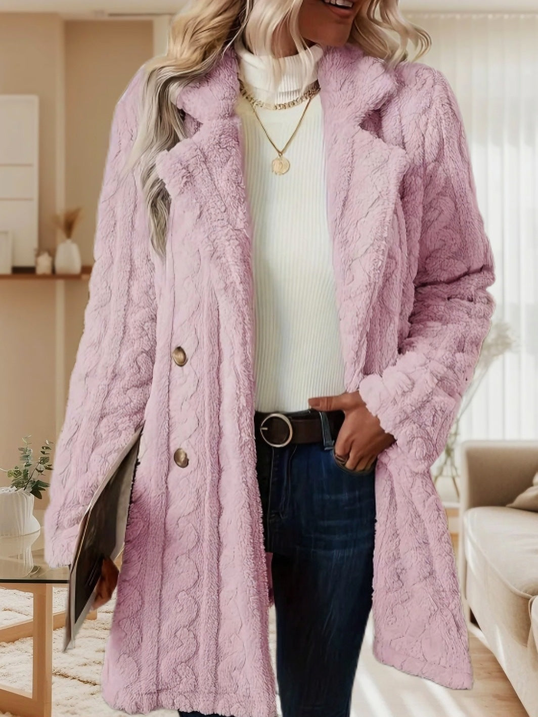 Damen Modischer Grober Strickmantel mit doppelt geknöpften Details R&B