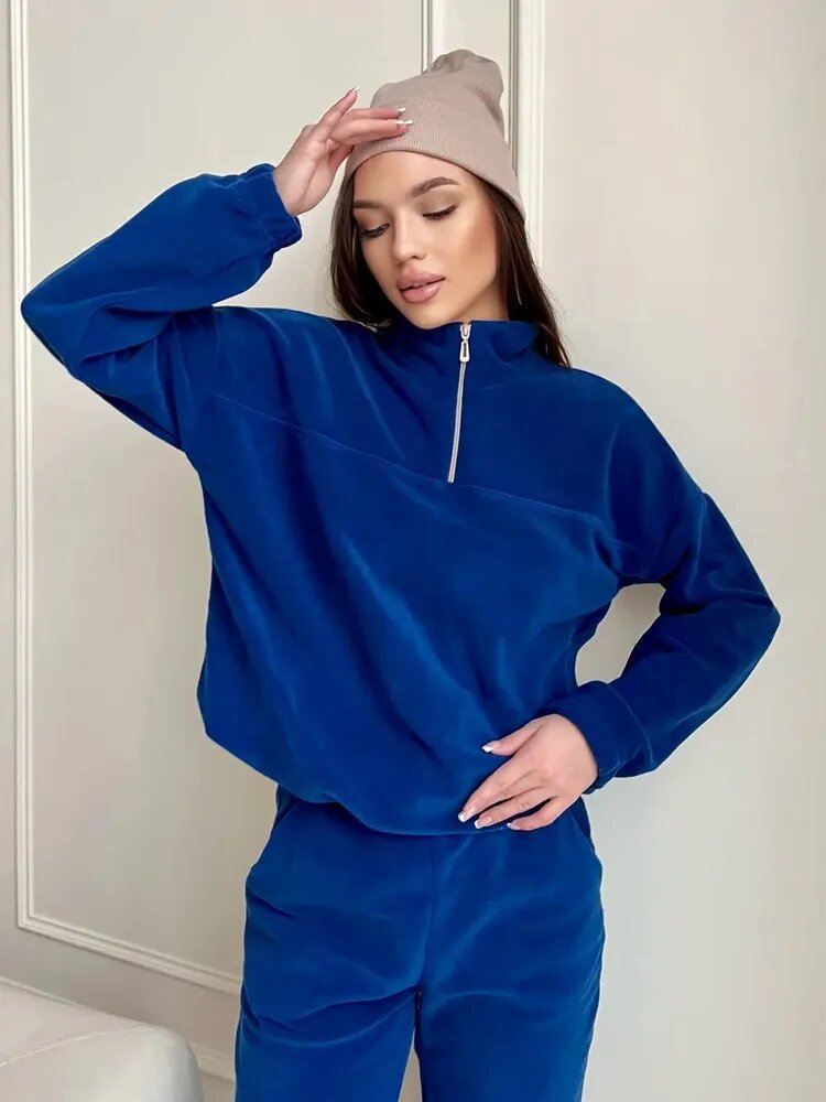 Damen Kuscheliges Fleece-Loungewear-Set mit Halb-Reißverschluss und elastischem Bund R&B