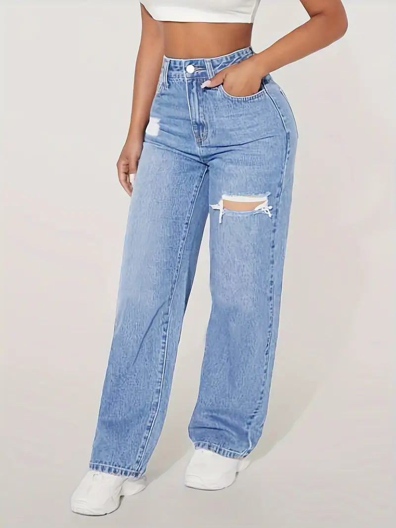 Damen weite Jeans mit modischen Rissdetails und hohem Bund R&B