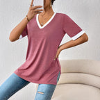 Damen V-Ausschnitt T-Shirt mit modischen Akzenten und bequemen Schnitt R&B