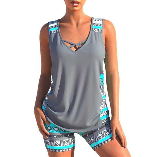 Damen nan sportlicher Tankini-Zweiteiler mit V-Ausschnitt und überkreuzten Brustträgern R&B