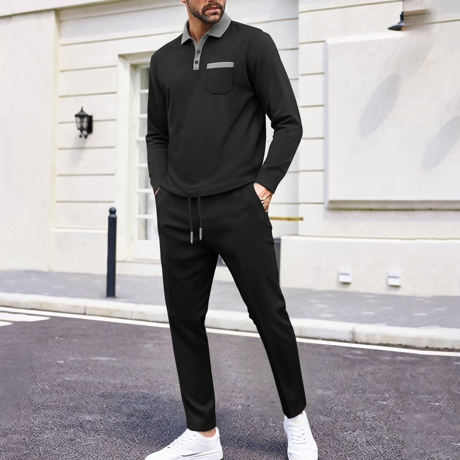 Herren modisches Freizeit-Set mit Kragen und praktischen Taschen R&B