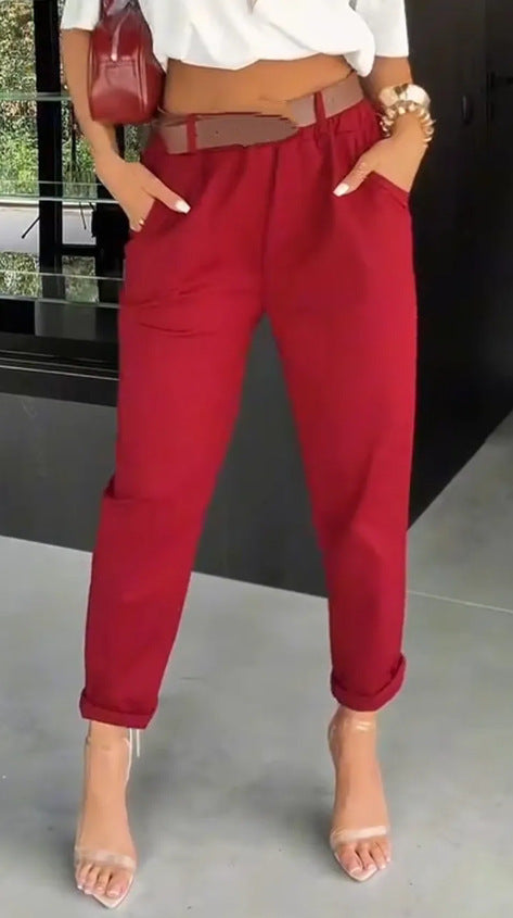 Damen nan hochtaillierte Paperbag-Hose mit gerafftem Bund, Eingrifftaschen und gekrempeltem Saum R&B