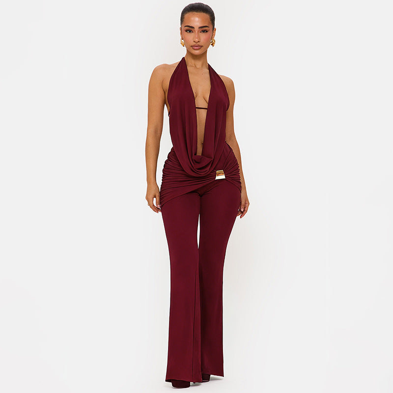 Damen Eleganter Jumpsuit mit doppeltem Kragen und trendiger Raffung R&B