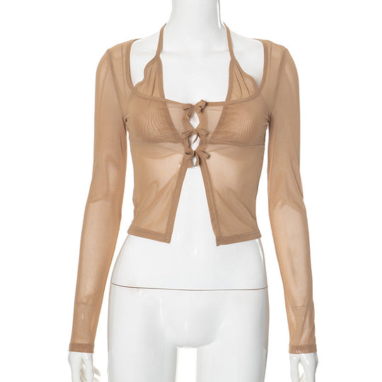 Damen langer Arm Mesh Bluse mit verstellbarem Knoten-Design R&B