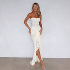 Damen Elegantes Strapless Maxikleid mit raffinierten Rüschendetails und asymmetrischem Schnitt R&B