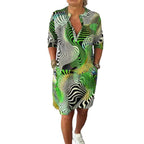 Damen nan locker fallendes V-Ausschnitt Jerseykleid mit abstraktem Wellenprint und knielangem Schnitt R&B