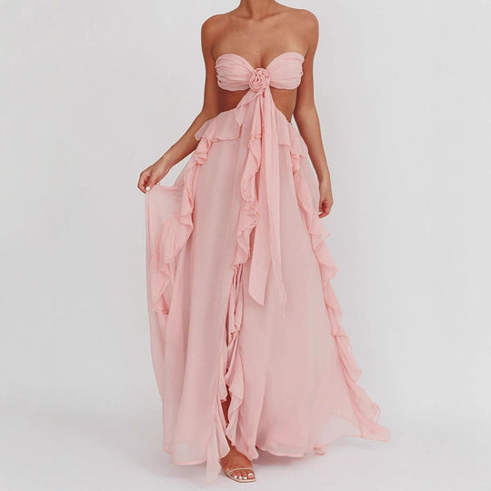 Damen Maxikleid mit Rüschen und Bandeau-Ausschnitt R&B
