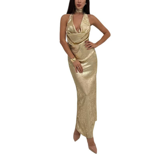 Damen Abendkleid mit tiefem V-Ausschnitt und schimmerndem Chiffon R&B