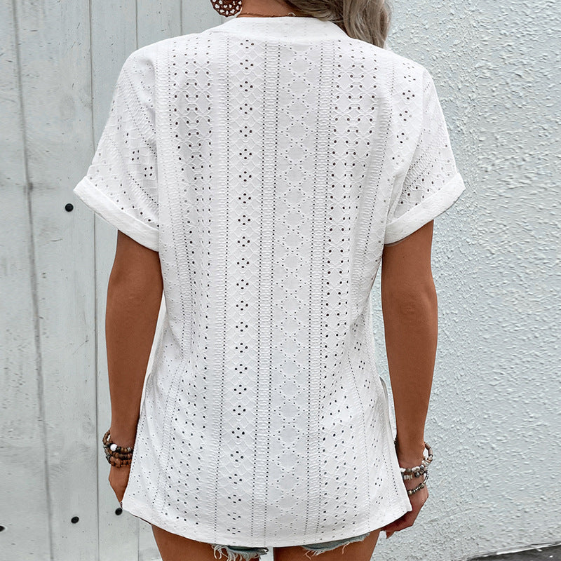 Damen Bluse mit Lochmuster und V-Ausschnitt R&B