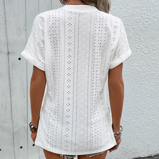 Damen Bluse mit Lochmuster und V-Ausschnitt R&B