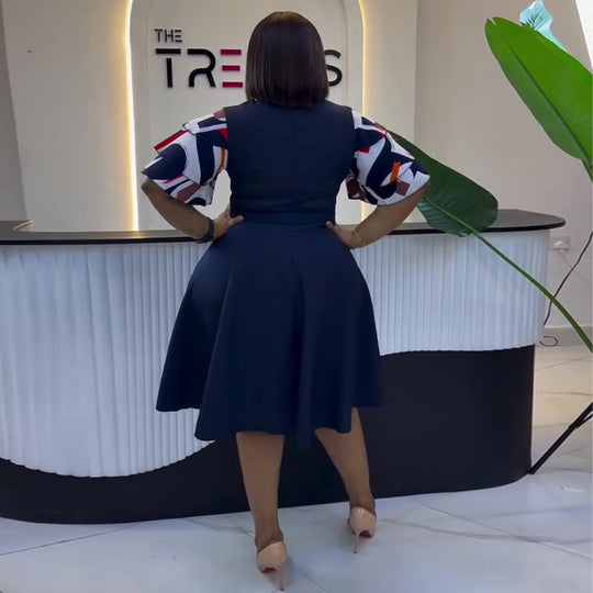 Damen A-Linien Kleid mit eleganten Puffärmeln und Gürtel R&B