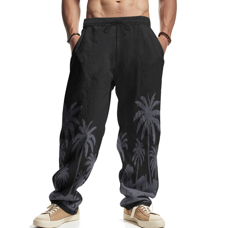 Herren nan weite Freizeit-Hose aus Baumwoll-Leinen-Mix mit Palmenprint, Elastikbund und Kordelzug R&B
