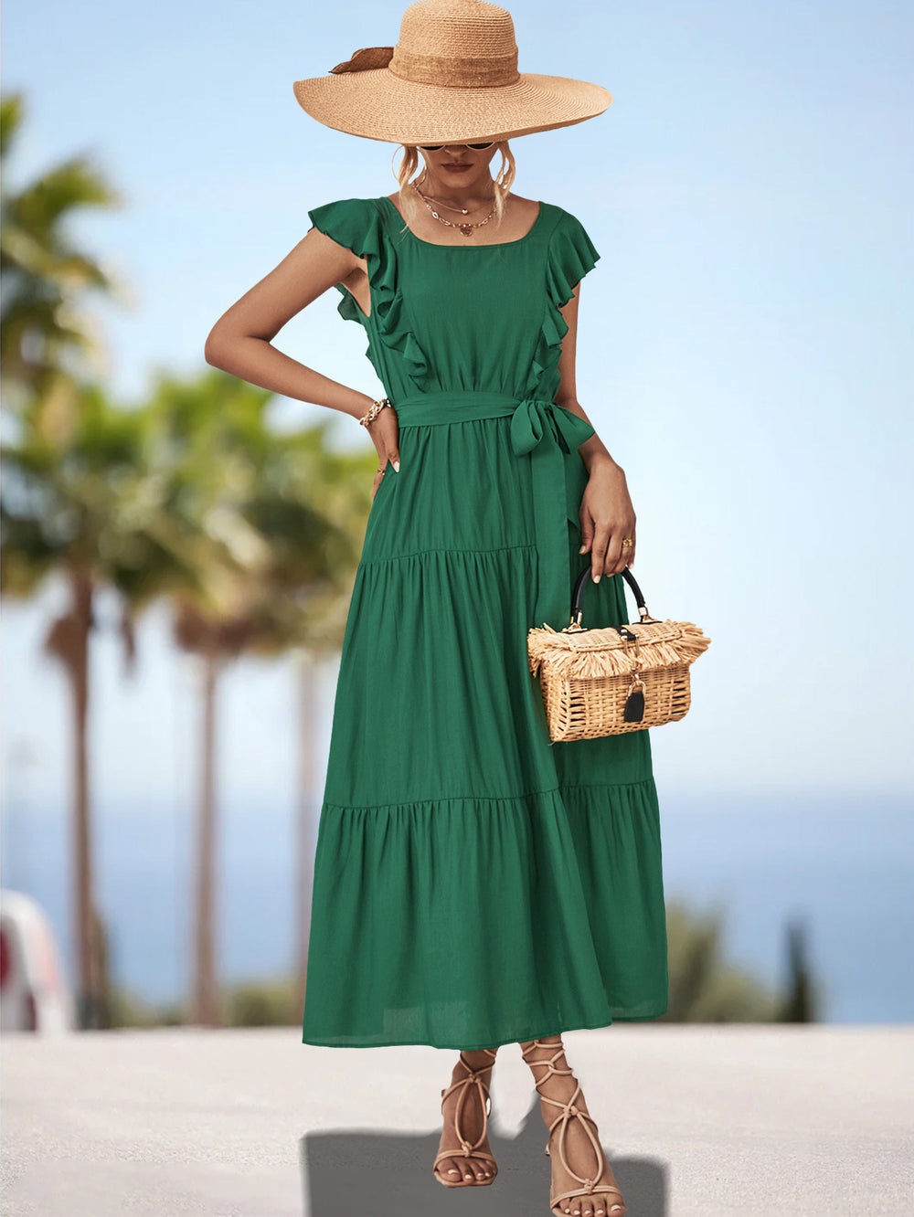 Damen Maxikleid mit Rüschendetails und tailliertem Gürtel R&B
