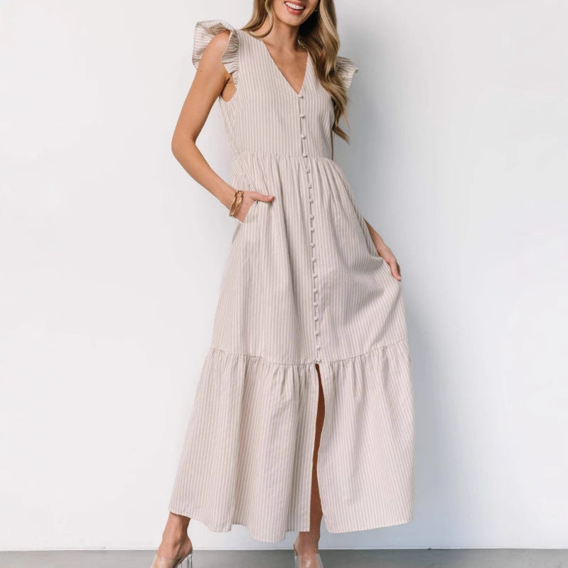 Damen Maxikleid mit Rüschendetails und Knopfleiste R&B