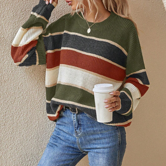 Damen lässiger Grobstrickpullover mit Farbblockmuster und weitem Schnitt R&B