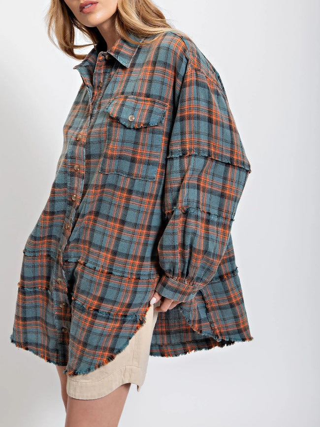 Damen karierte Oversized-Hemdjacke R&B