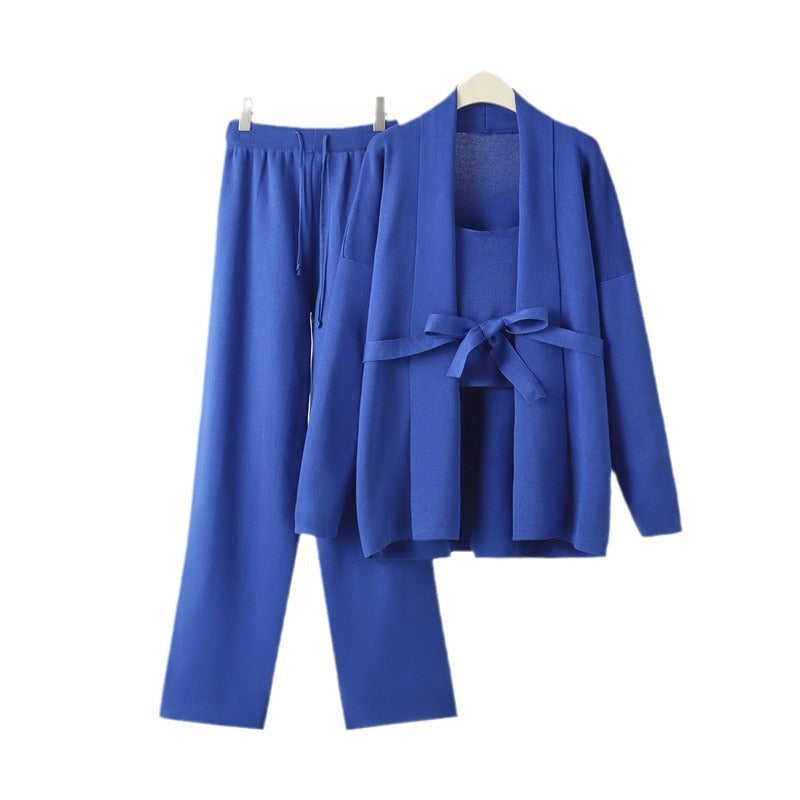 Damen gemütliches Freizeit-Loungewear-Set mit Bindegürtel und weitgeschnittenen Hosen R&B
