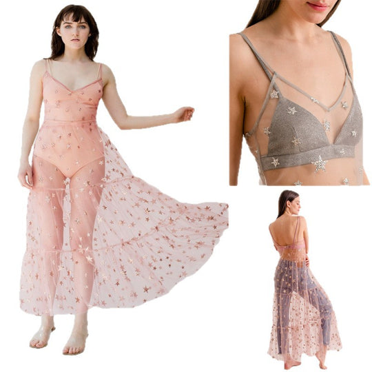 Damen Transparente Maxikleid aus Chiffon mit Sternen-Design und mehrlagigem Saum R&B