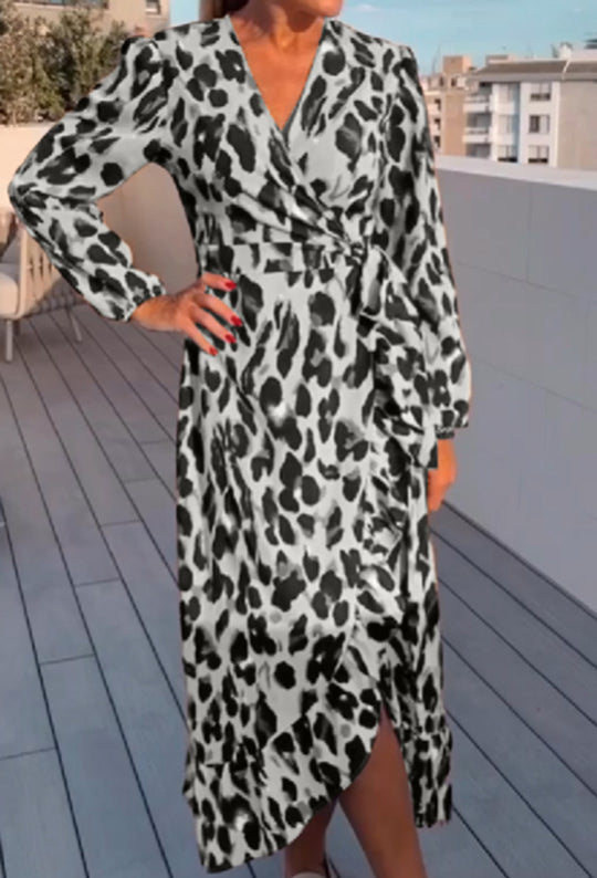 Damen nan Wickelmidikleid mit Taillenbindung, V-Ausschnitt, Ballonärmeln und asymmetrischem Saum R&B