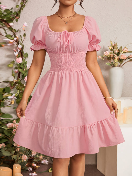 Damen Puffärmel Kleid mit elastischem Tailleneinsatz und Rüschensaum R&B